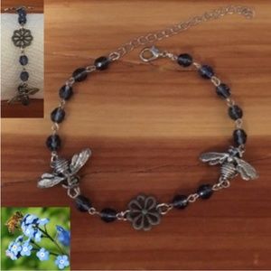 Handmade Honey Bees & Forget-me-Not Silver & Blue Beaded Bracelet